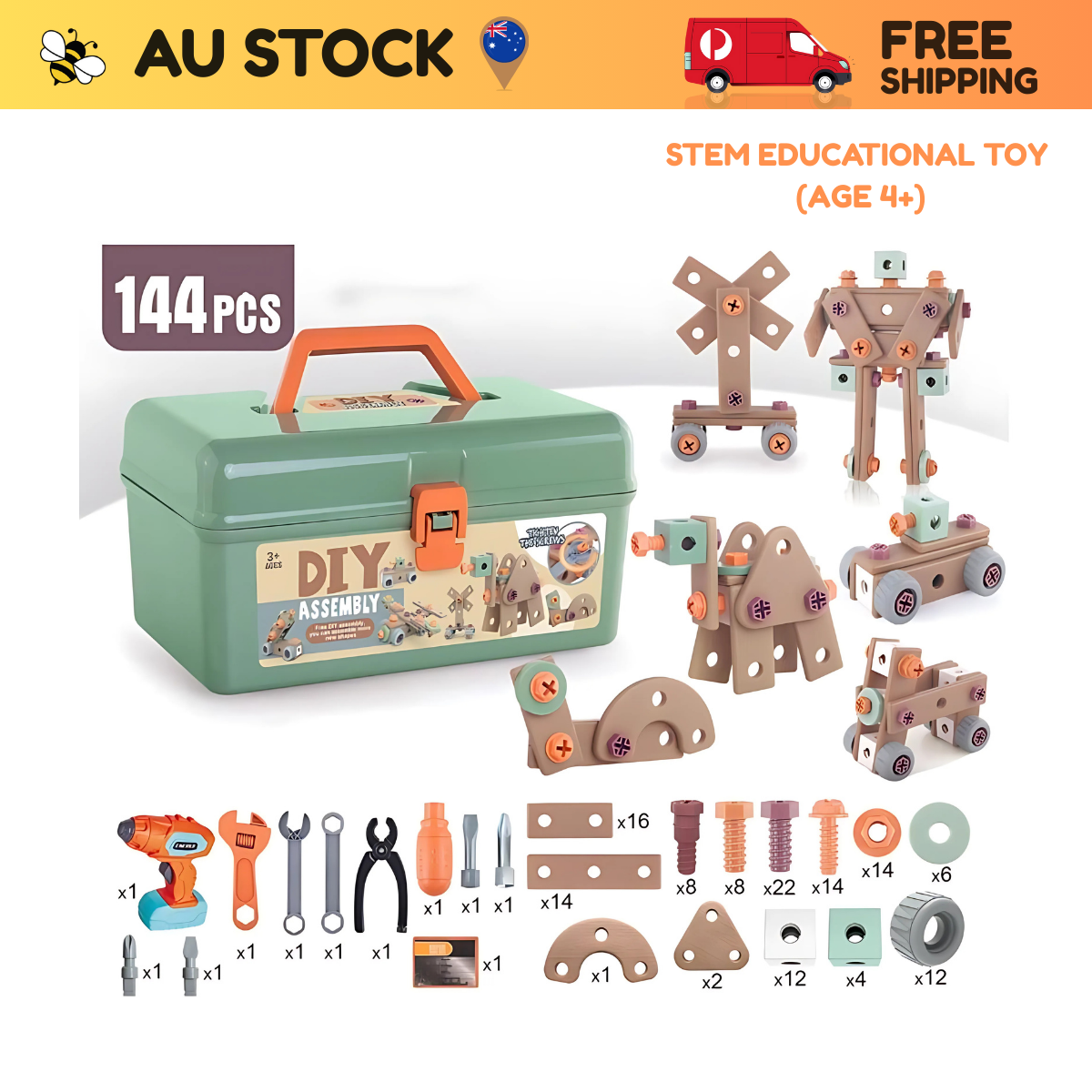 DIY Drill & Build Tool Set (144 pcs) – STEM Educational Toy (Age 4+)