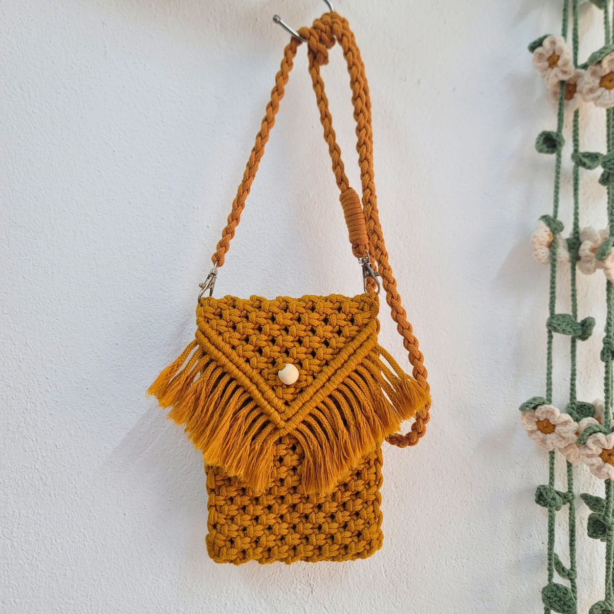 Macrame Crossbody Phone Bag – Handmade Fringe Flap | Fits Upto Pro Max Sizes